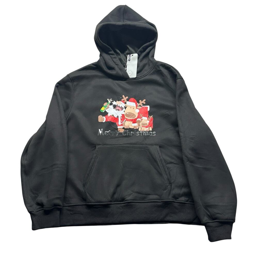 Hoodie Ugly Christmas Sweater Mens Sz 2XL Pocket Black Heavy Thick Santa Deer